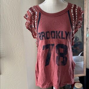 Free People Burgundy Graphic Tee with Lace Sleeves